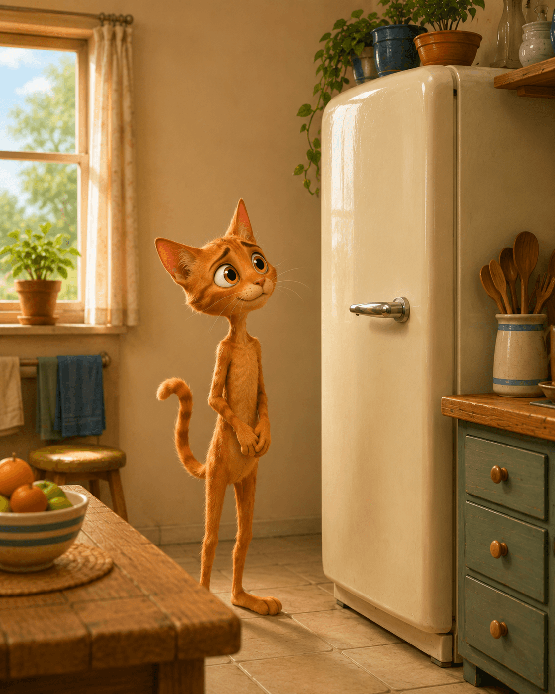 A hungry orange cat stands beside the refrigerator in a sunny kitchen.