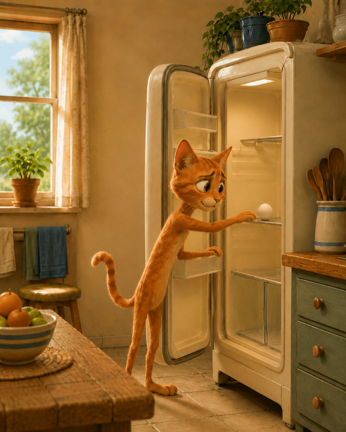 The orange cat opens the refrigerator and finds it almost completely empty.