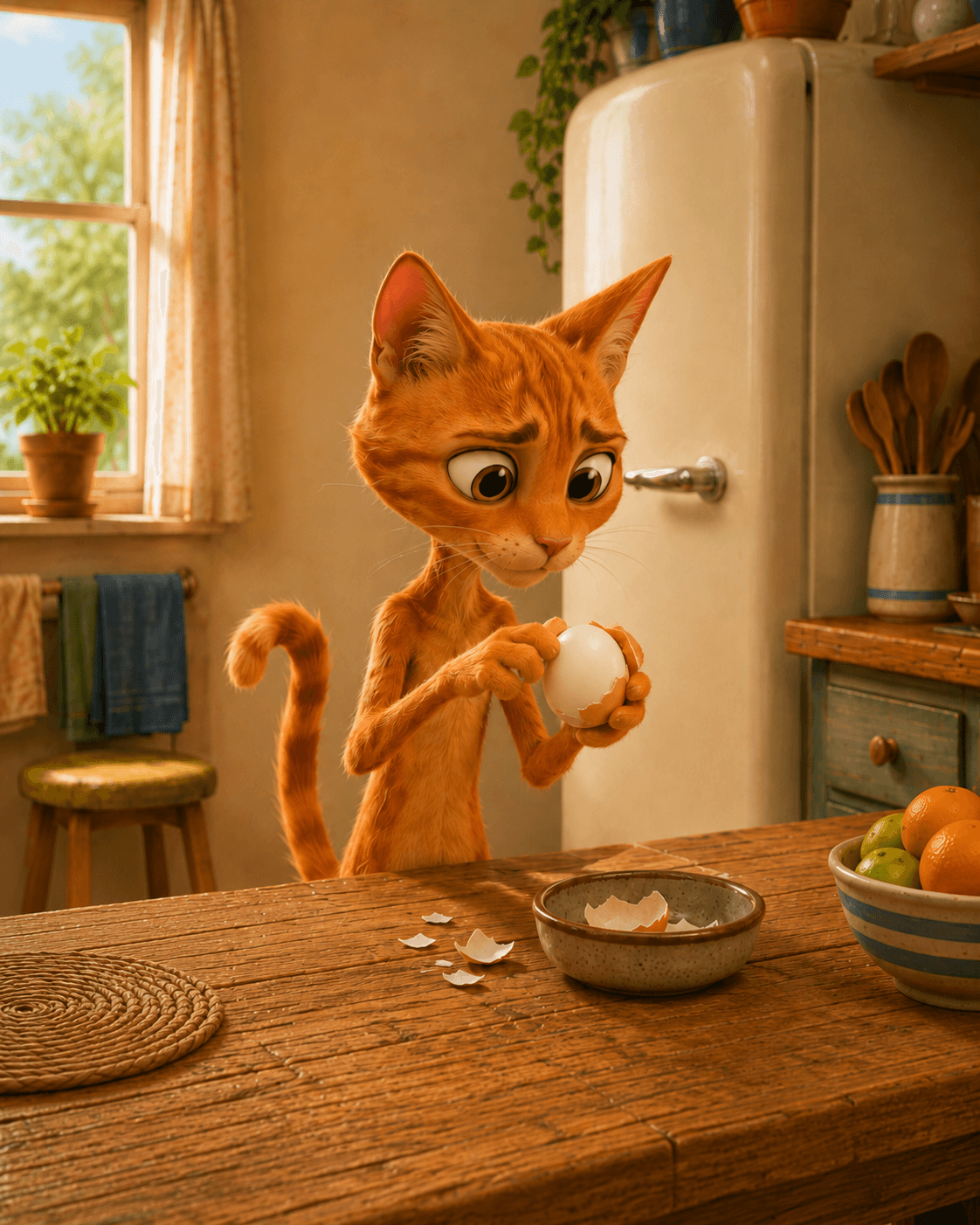 The cat carefully peels a boiled egg at the kitchen table.