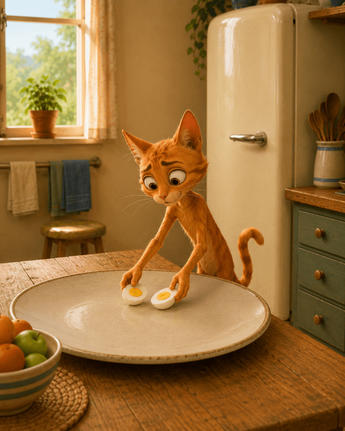 The cat arranges two egg halves on a large white plate.