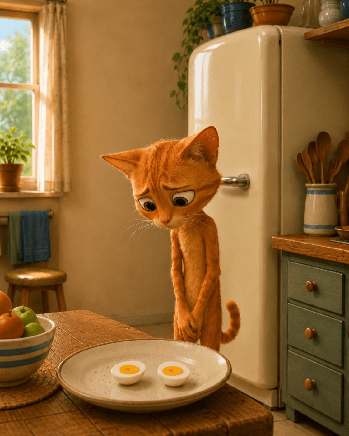 The cat looks disappointed by the tiny dinner of two egg halves.