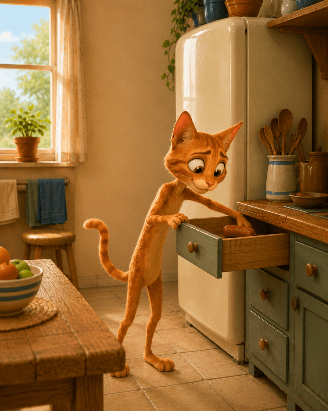 The cat opens a kitchen drawer and finds a sausage inside.