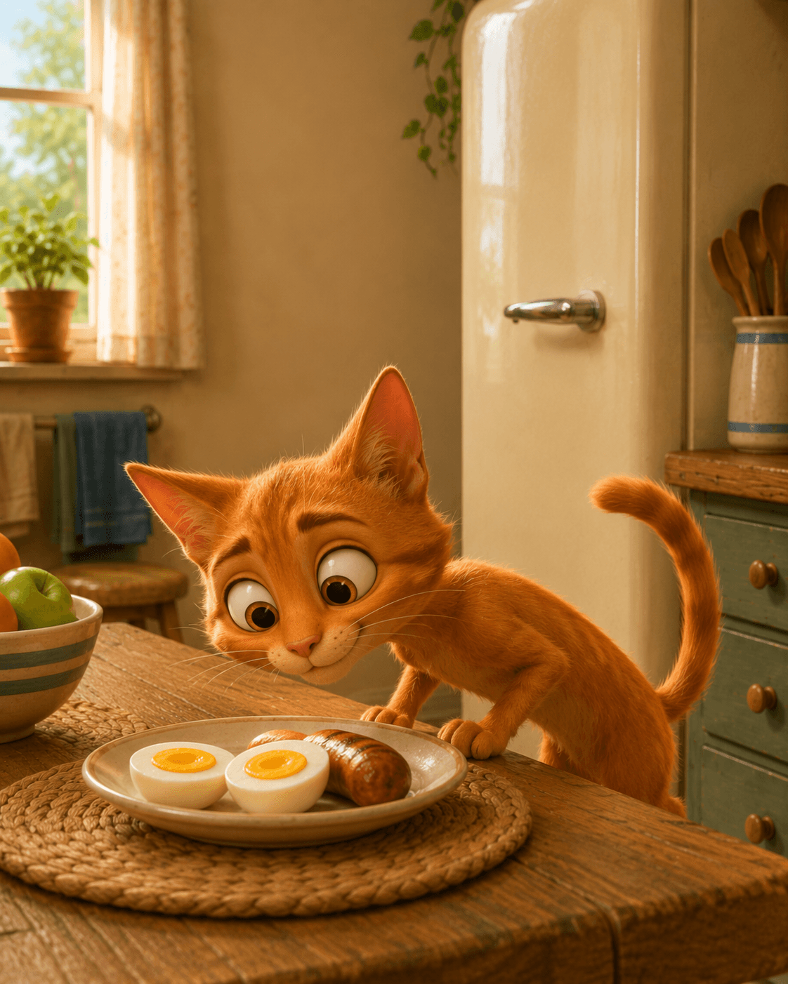 The delighted cat leans over a finished plate of eggs and sausage.