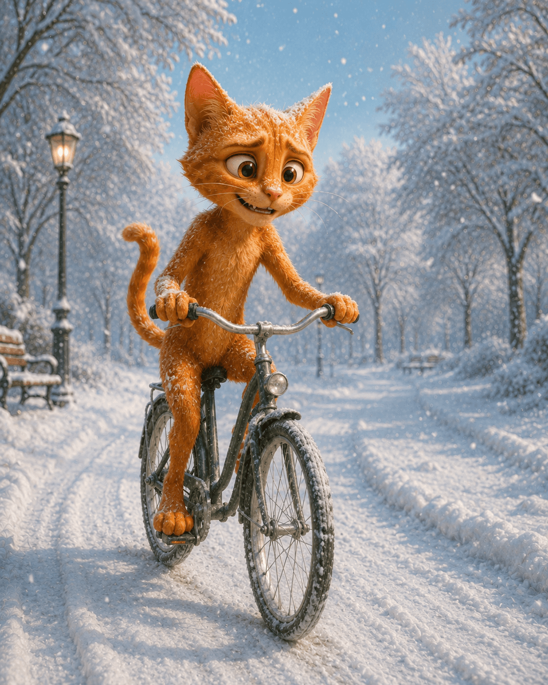 An orange cat rides a bicycle along a snowy path in winter.