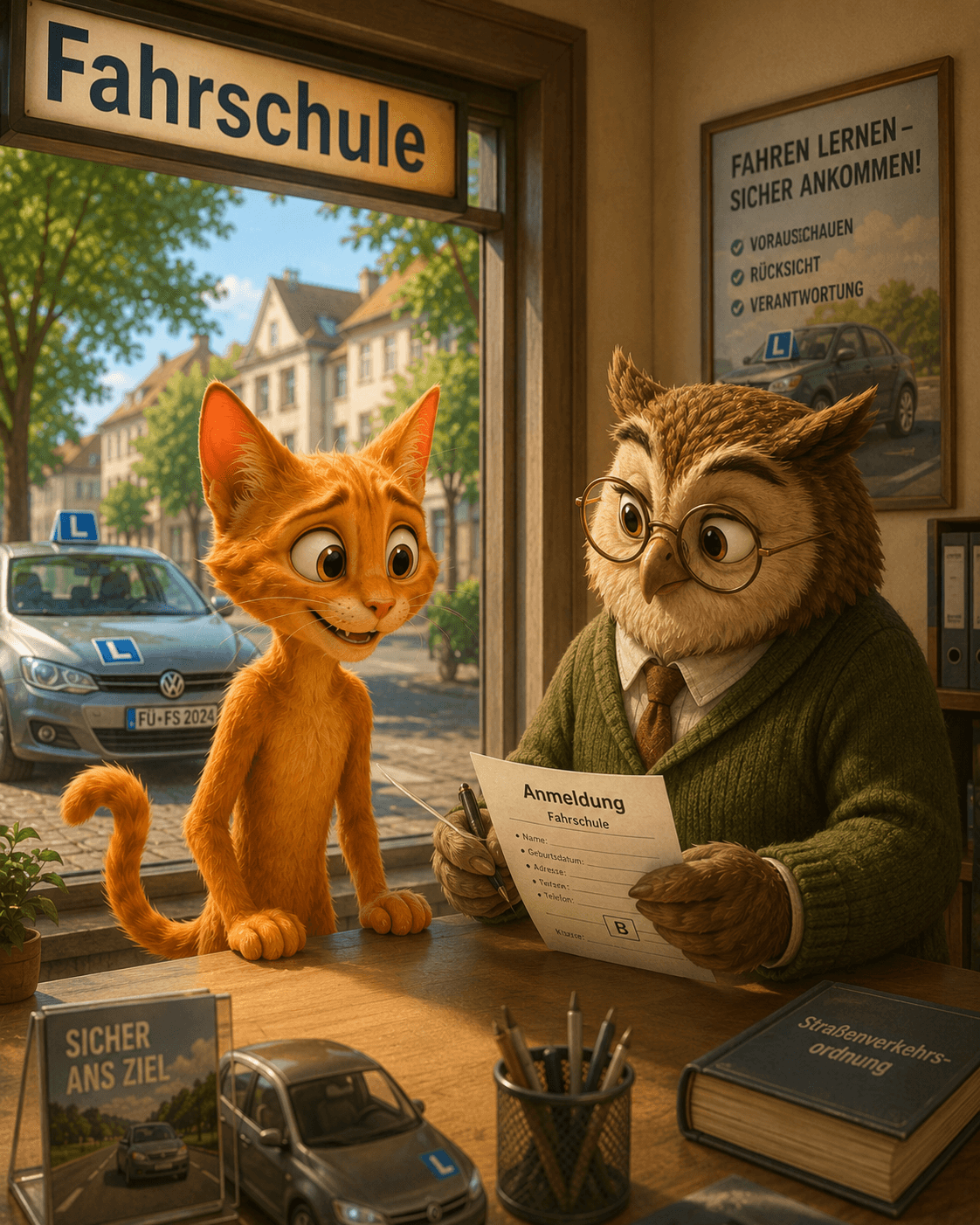 The cat registers for lessons with an owl instructor at a German driving school.