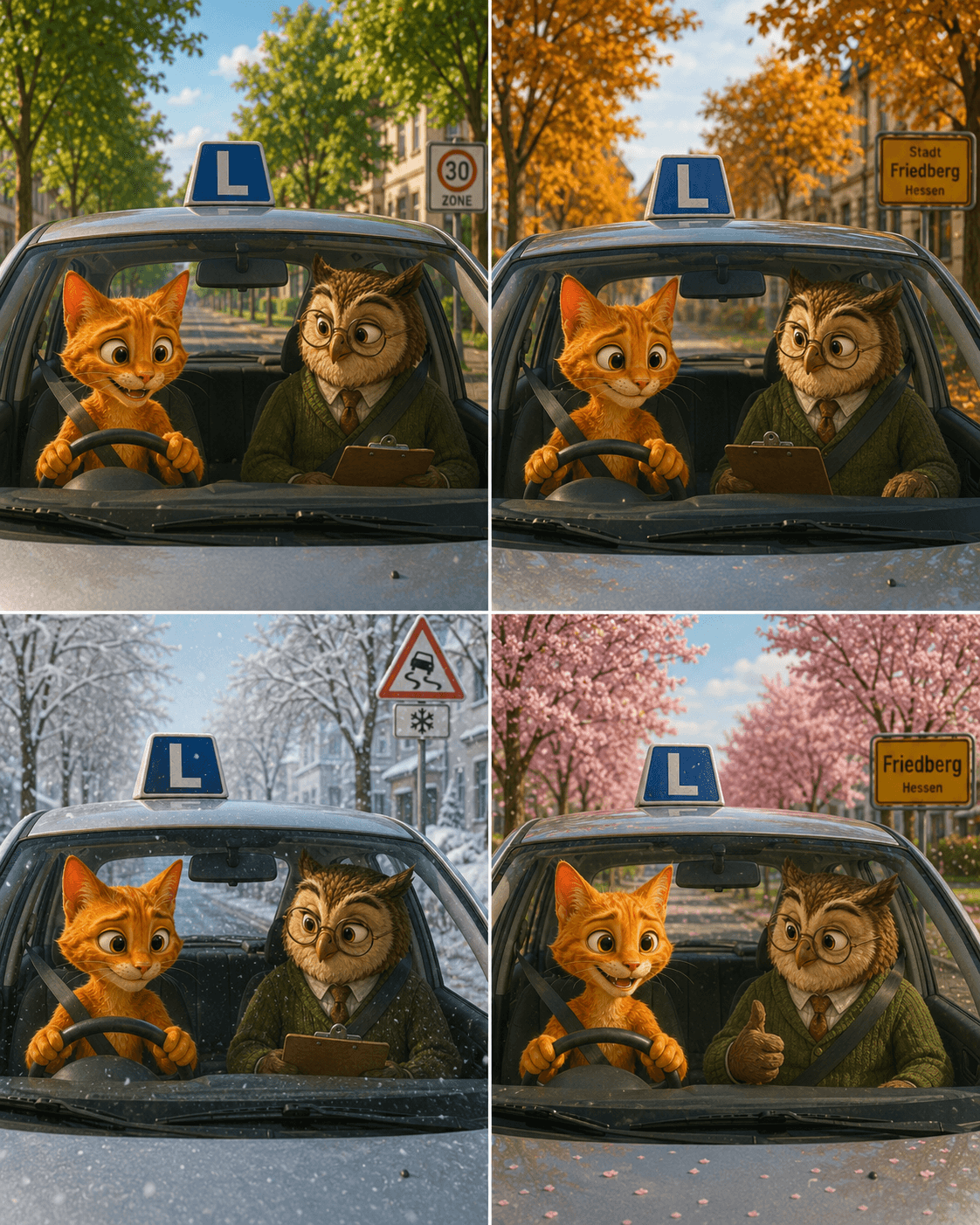 Four seasonal scenes show the cat practising in a learner car throughout the year.