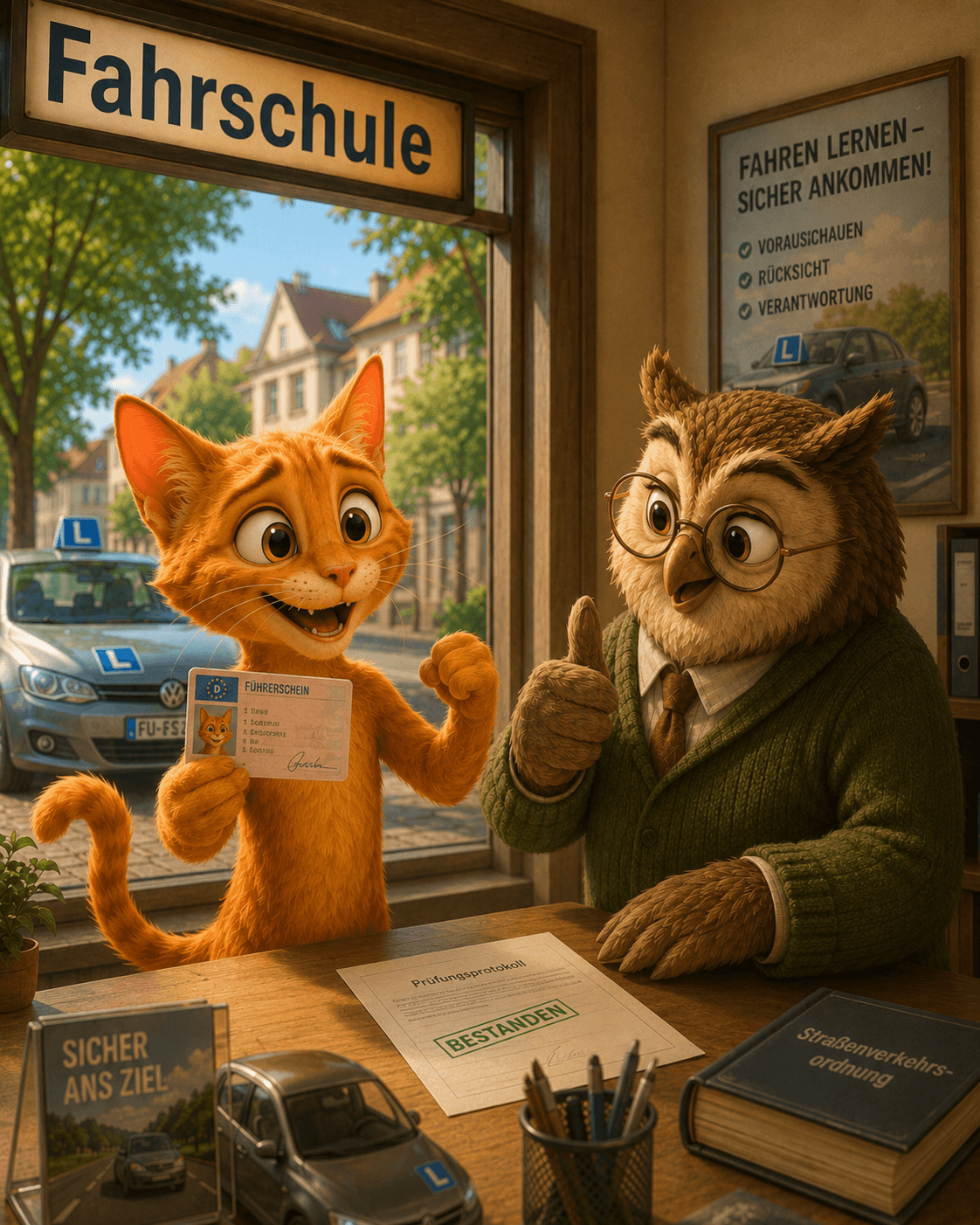 The proud cat holds up a new driving licence beside the owl instructor.