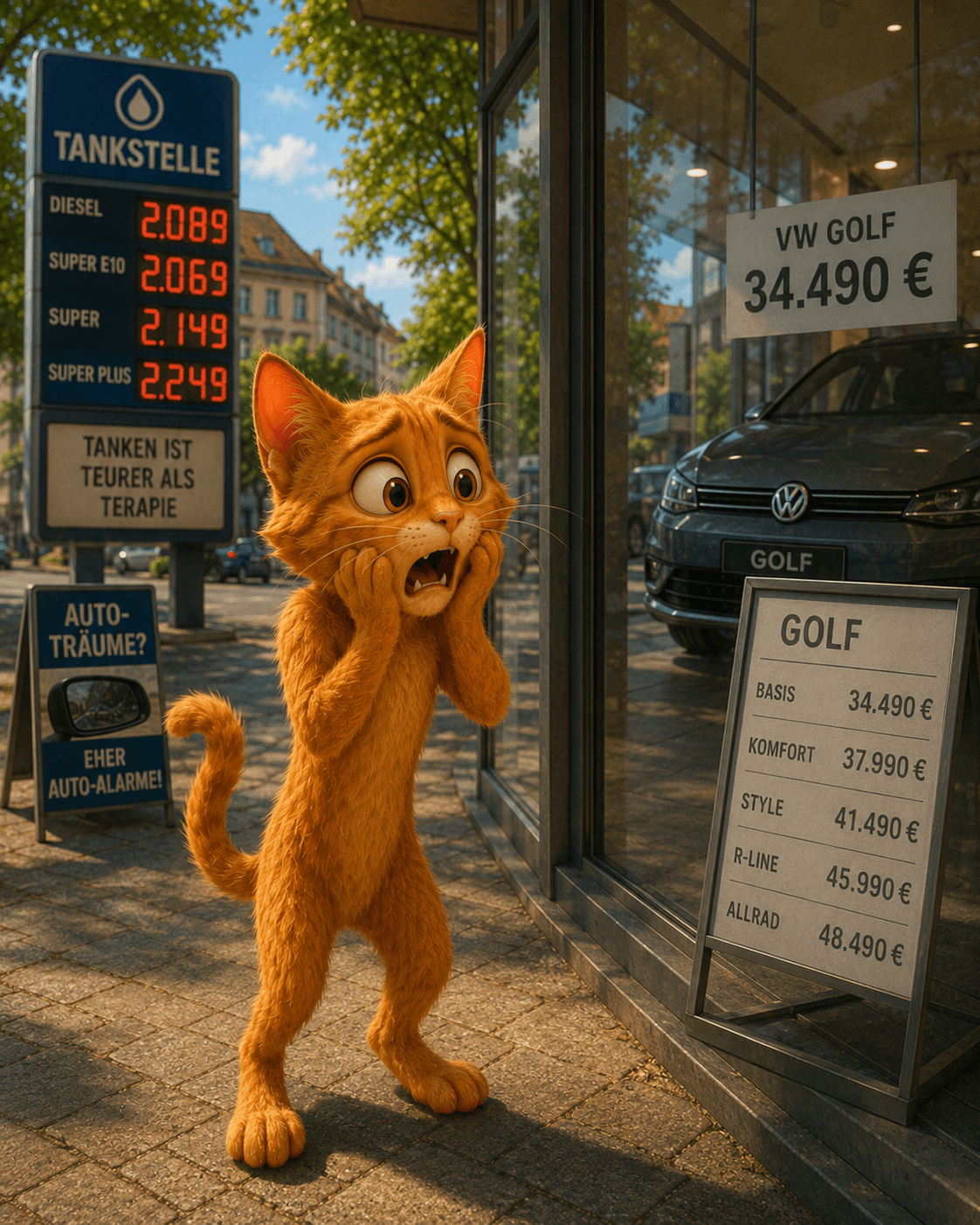 The cat reacts in shock to the prices at a petrol station and car dealership.