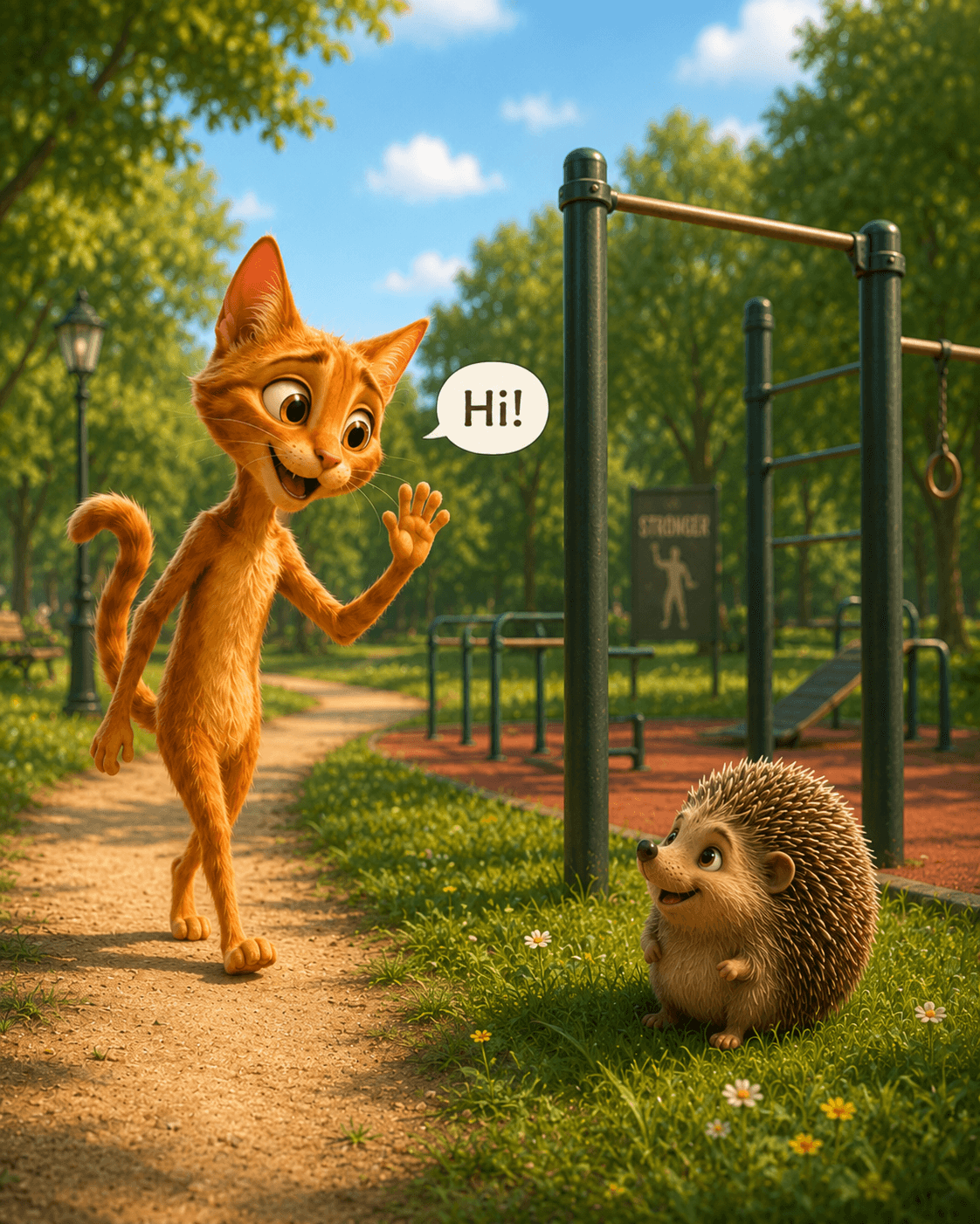 An orange cat waves hello to a hedgehog beside the entrance to a sunny park.