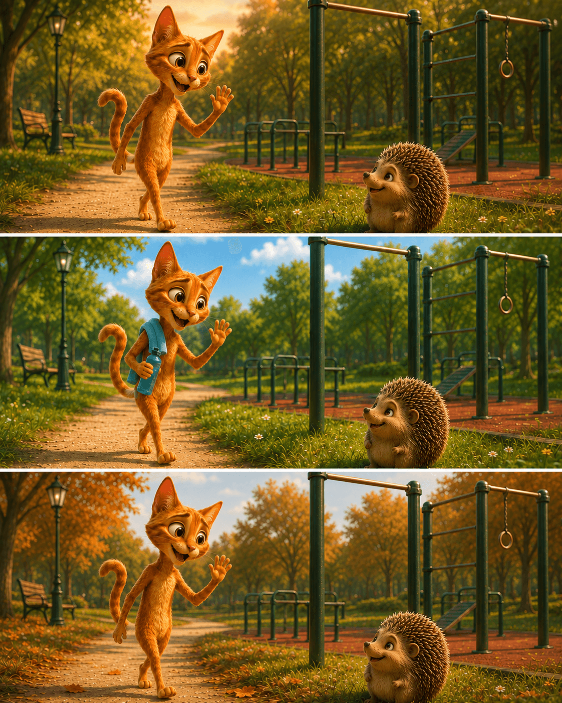 Three scenes show the cat greeting the hedgehog at the same park gate day after day.