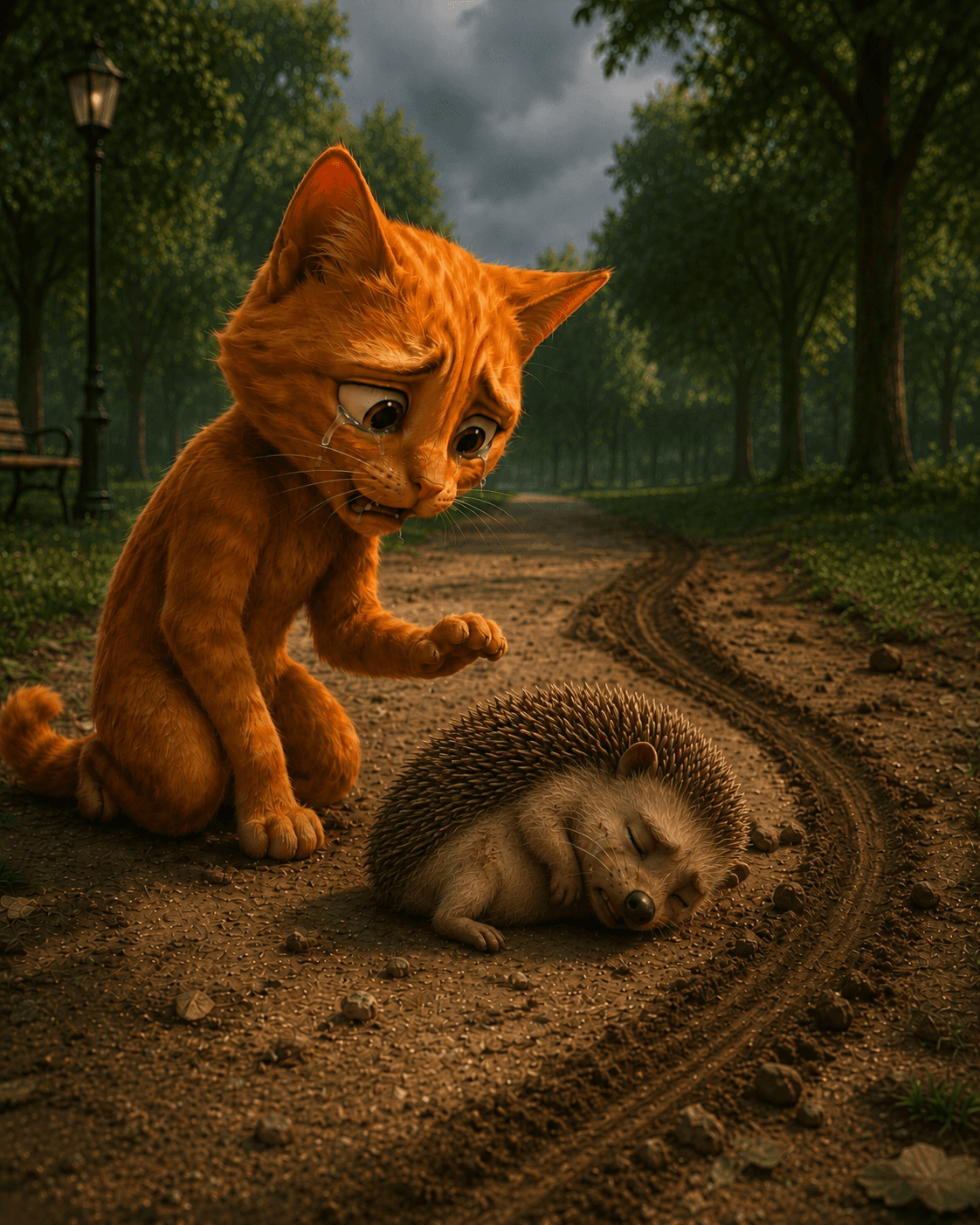The sad cat sits beside the hedgehog, who lies curled up on the dark park path.