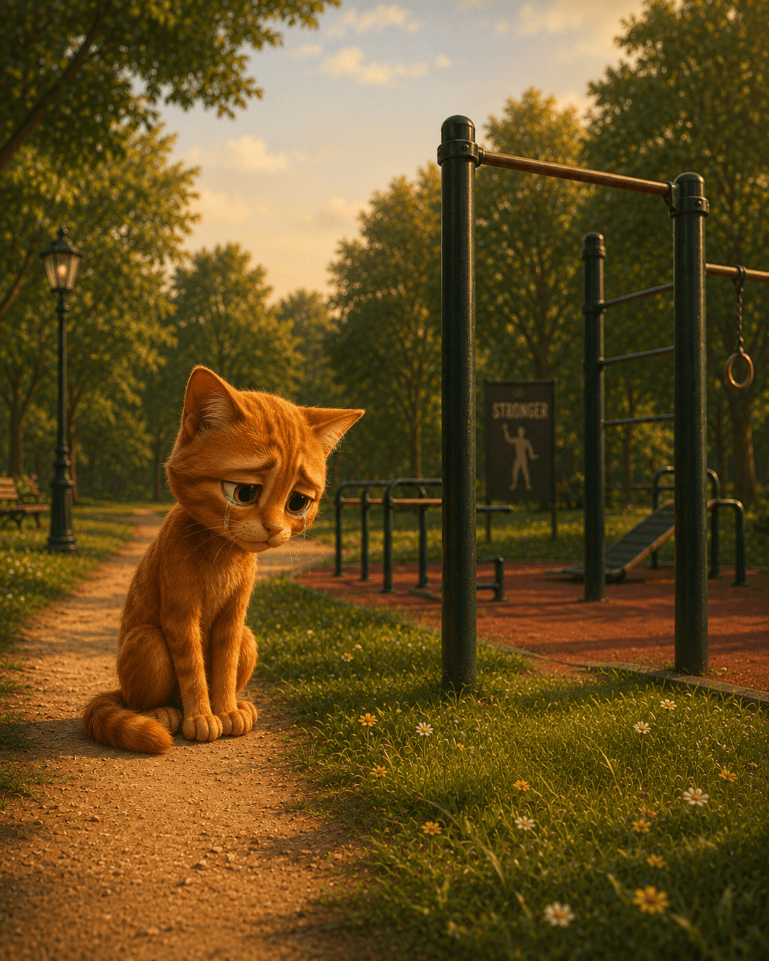 The cat sits alone beside the empty park gate at sunset.