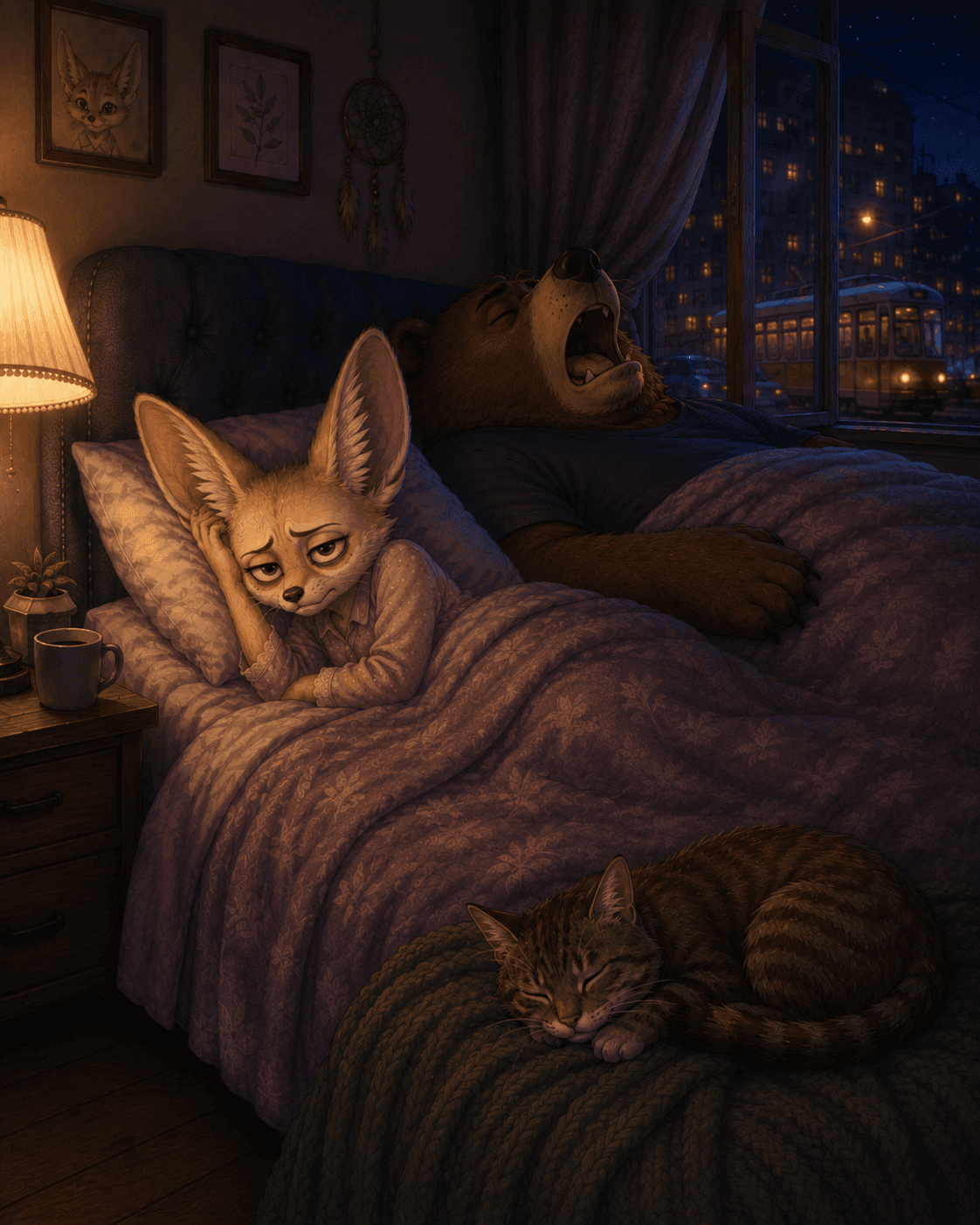 An exhausted fennec fox lies awake in bed beside a large bear spouse who sleeps loudly with mouth open, while a cat curls up peacefully at the foot of the bed.