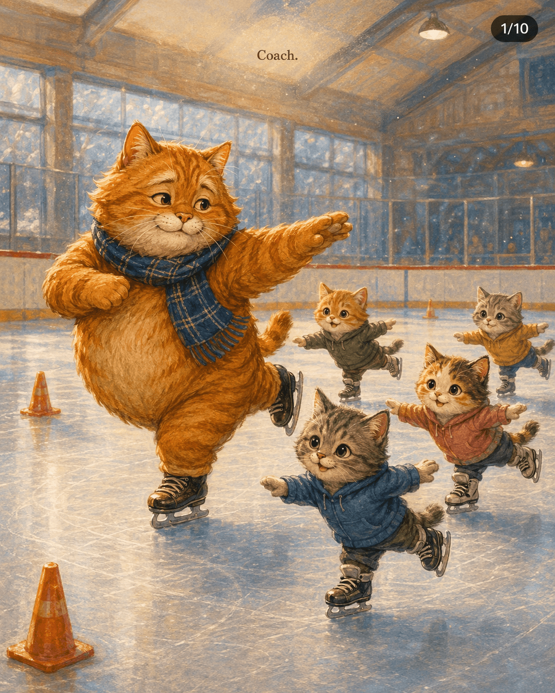 A large orange cat coaches young kittens during an ice-skating lesson.