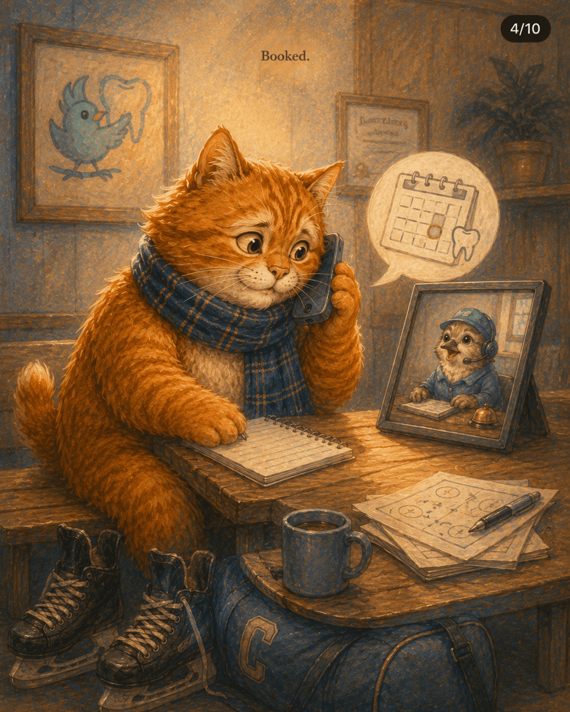 The cat calls a dental clinic to arrange an appointment.