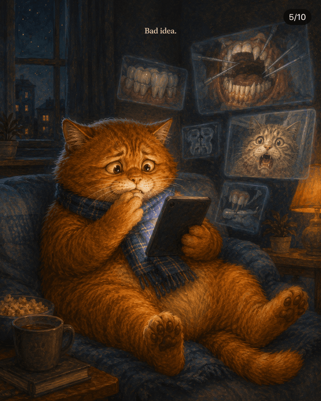 The frightened cat imagines dental X-rays and alarming stories about treatment.