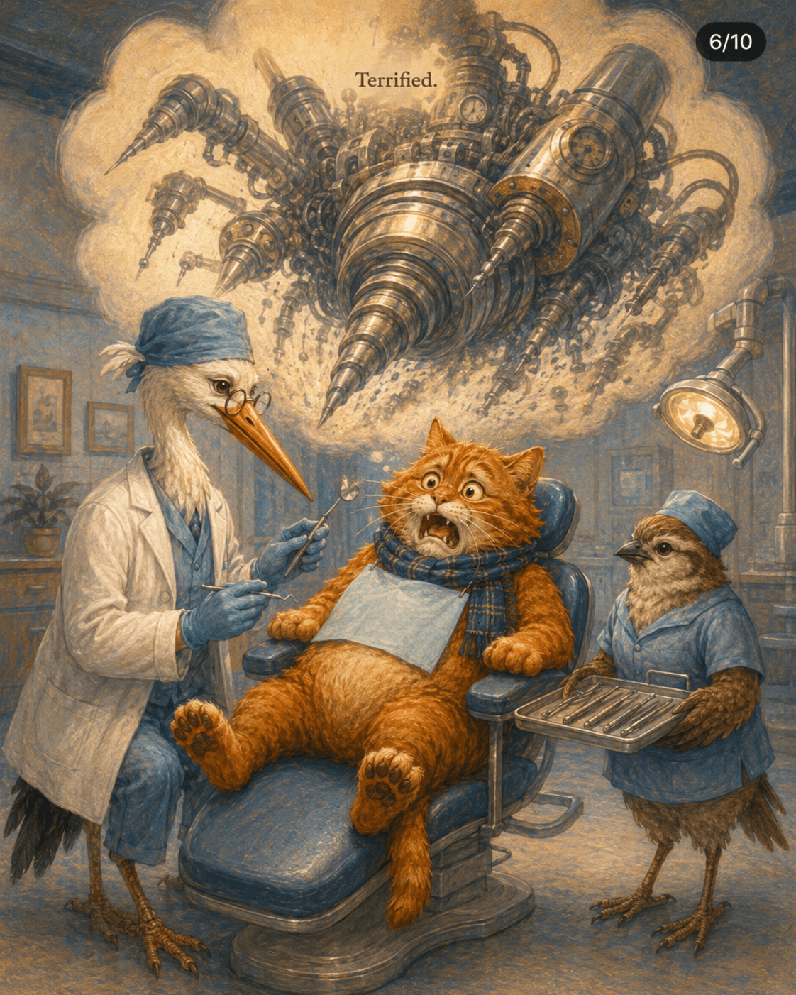 The nervous cat imagines a huge mechanical drill while sitting in the dental chair.