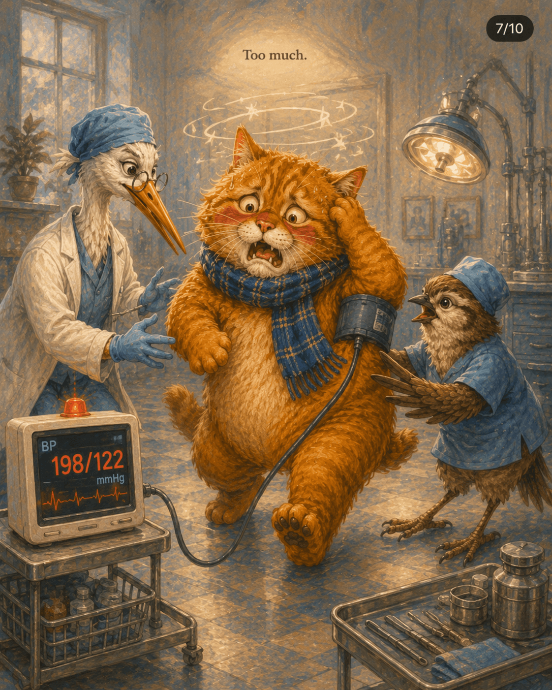 The cat tries to flee as the dental team checks his very high blood pressure.