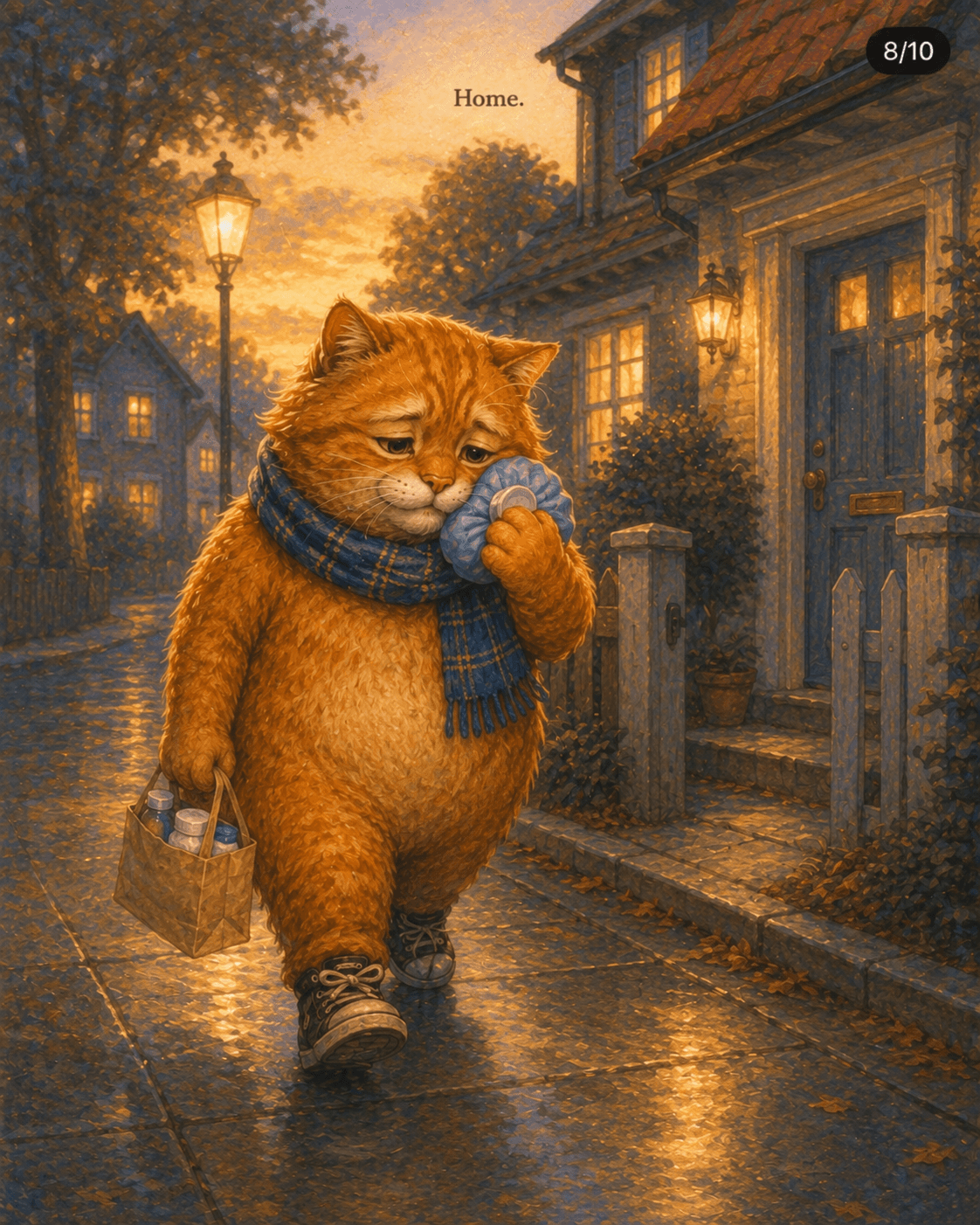 The exhausted cat walks home from the clinic carrying a bag of medication.