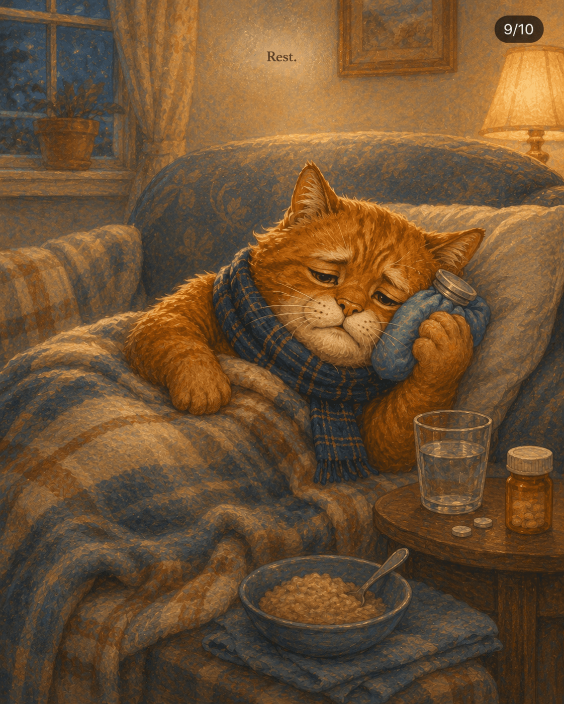 The cat rests in bed with a swollen cheek, water, and medicine nearby.