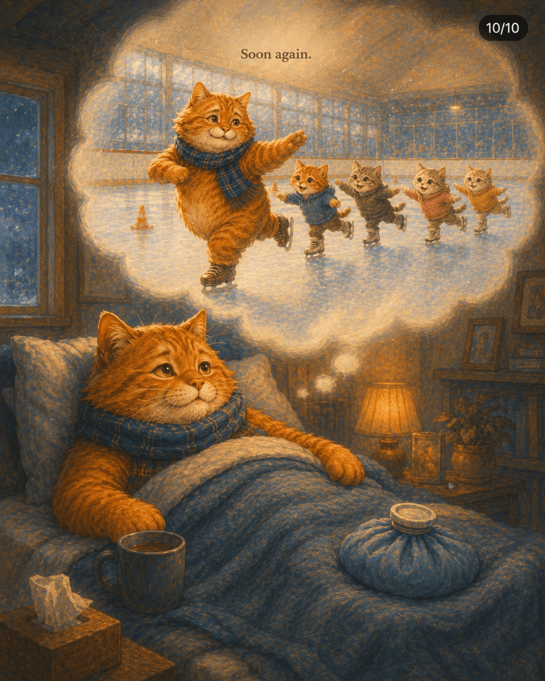The recovering cat imagines returning to the ice rink and feels hopeful again.