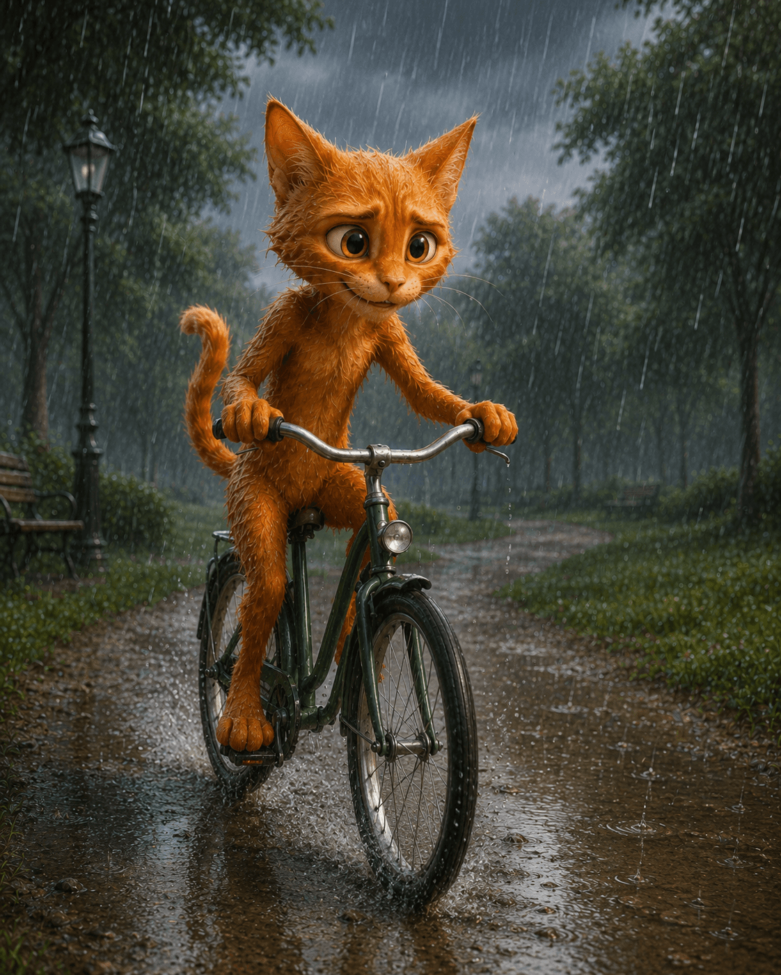 The cat cycles through heavy rain on a dark, muddy path.