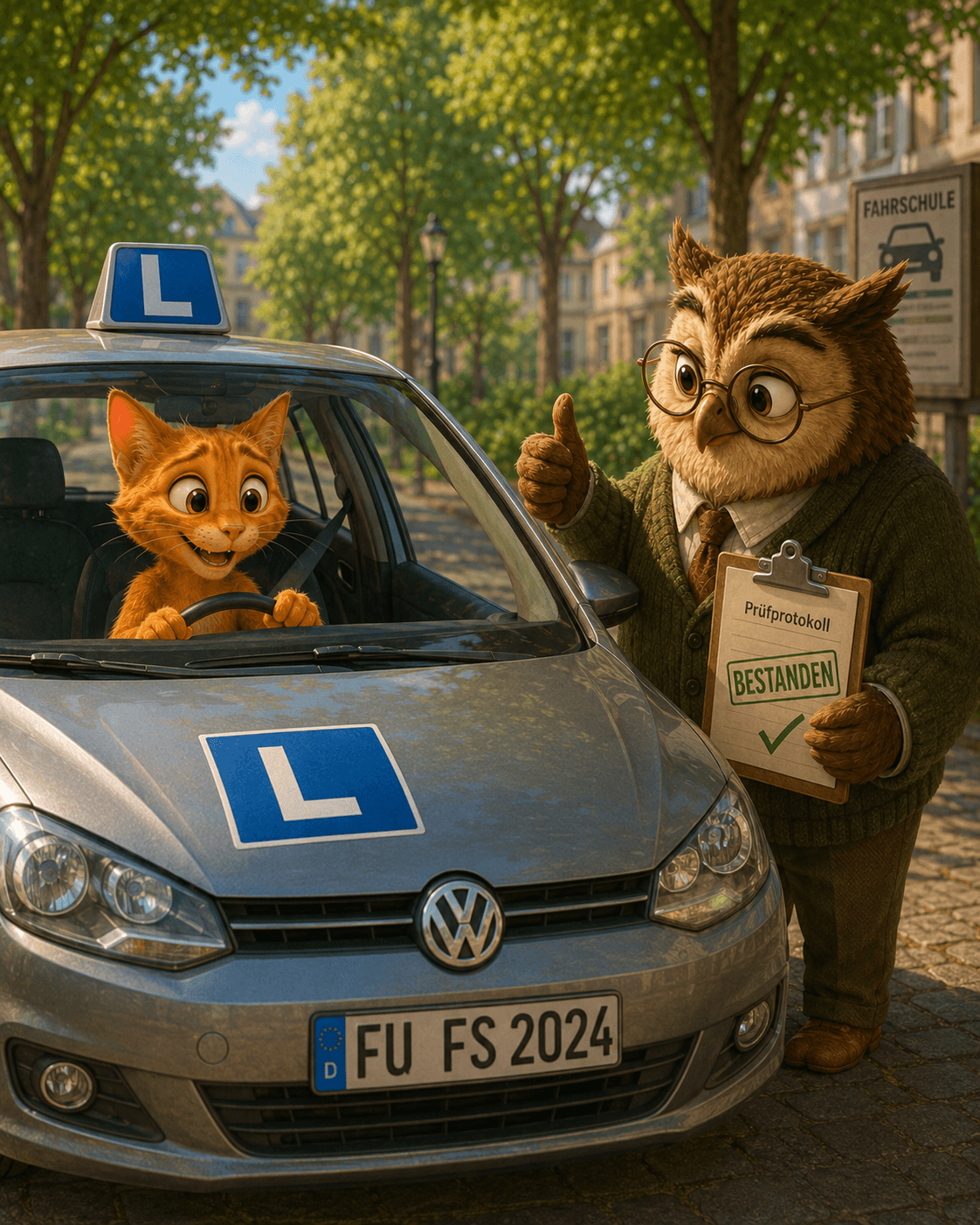 The cat smiles behind the wheel after finally passing the driving test.