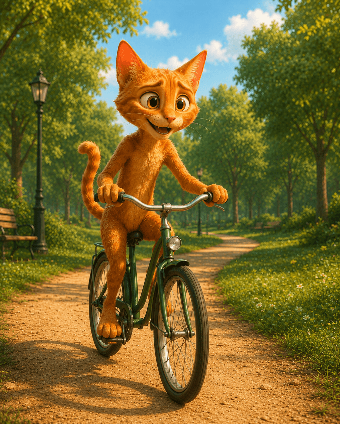 The cat happily rides a bicycle again on a sunny green path.
