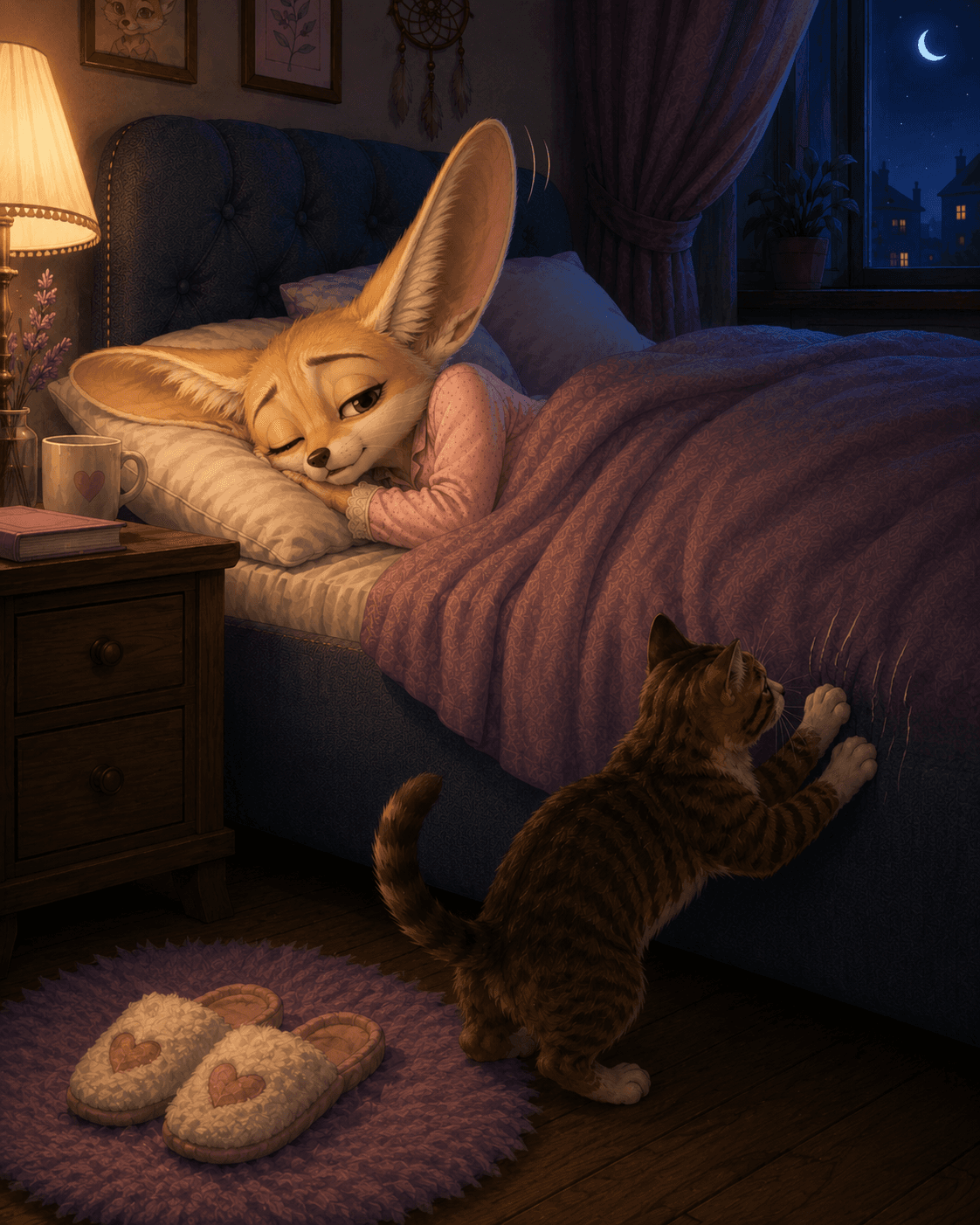 A sleepy fennec fox lies in bed at night while a tabby cat stands below and scratches the side of the bed.
