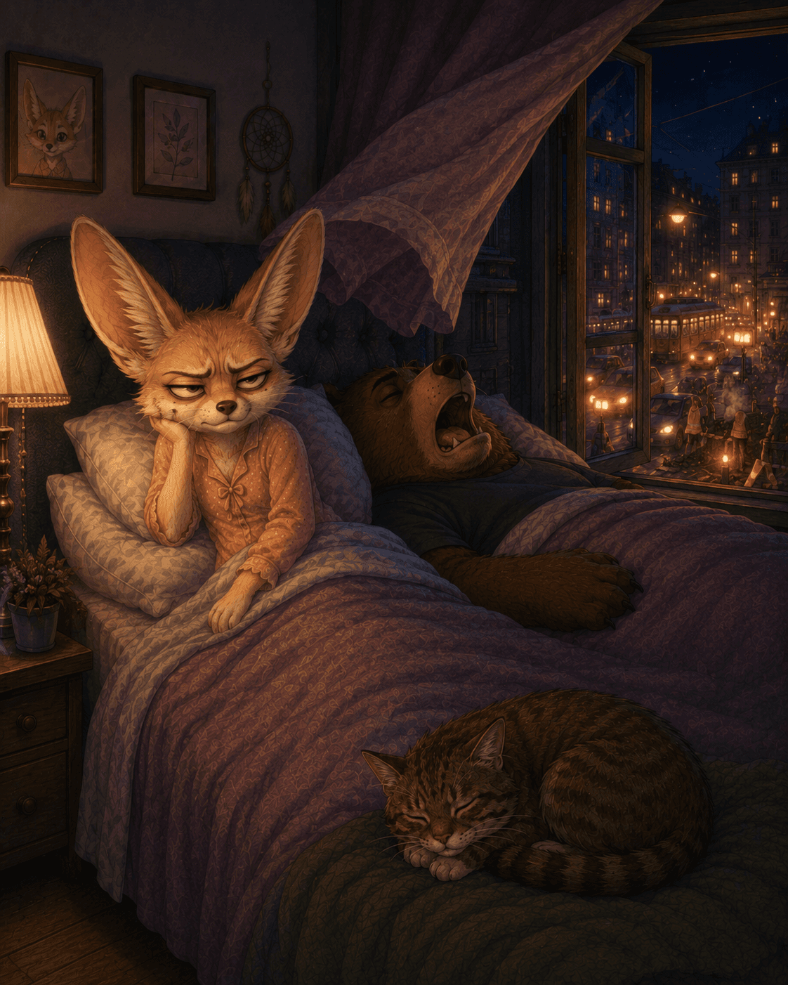 The tired fennec fox sits in bed looking irritated while the bear spouse snores and city traffic and a tram rumble outside the open bedroom window.