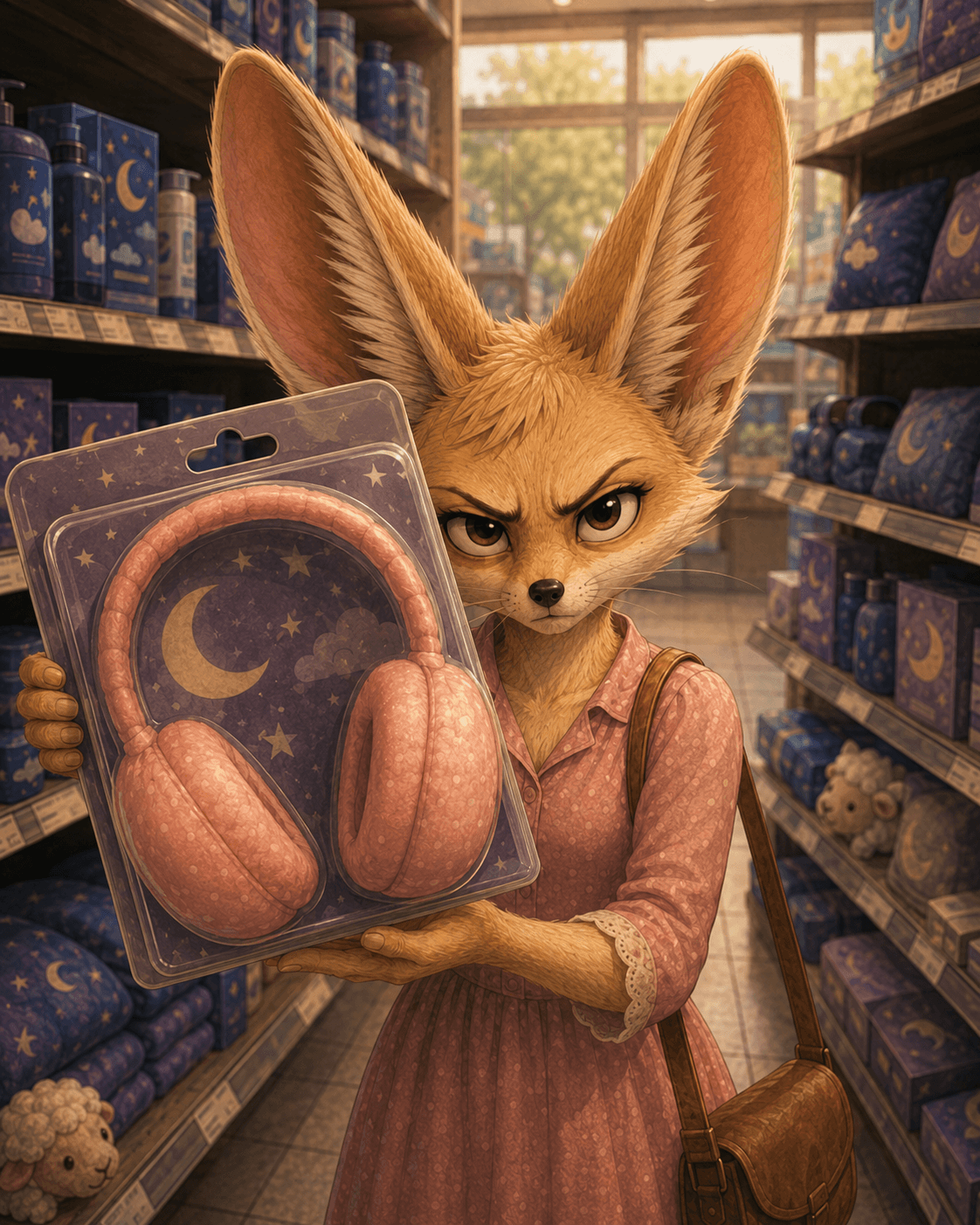 In a shop aisle, the determined fennec fox holds up a package of pink protective headphones.