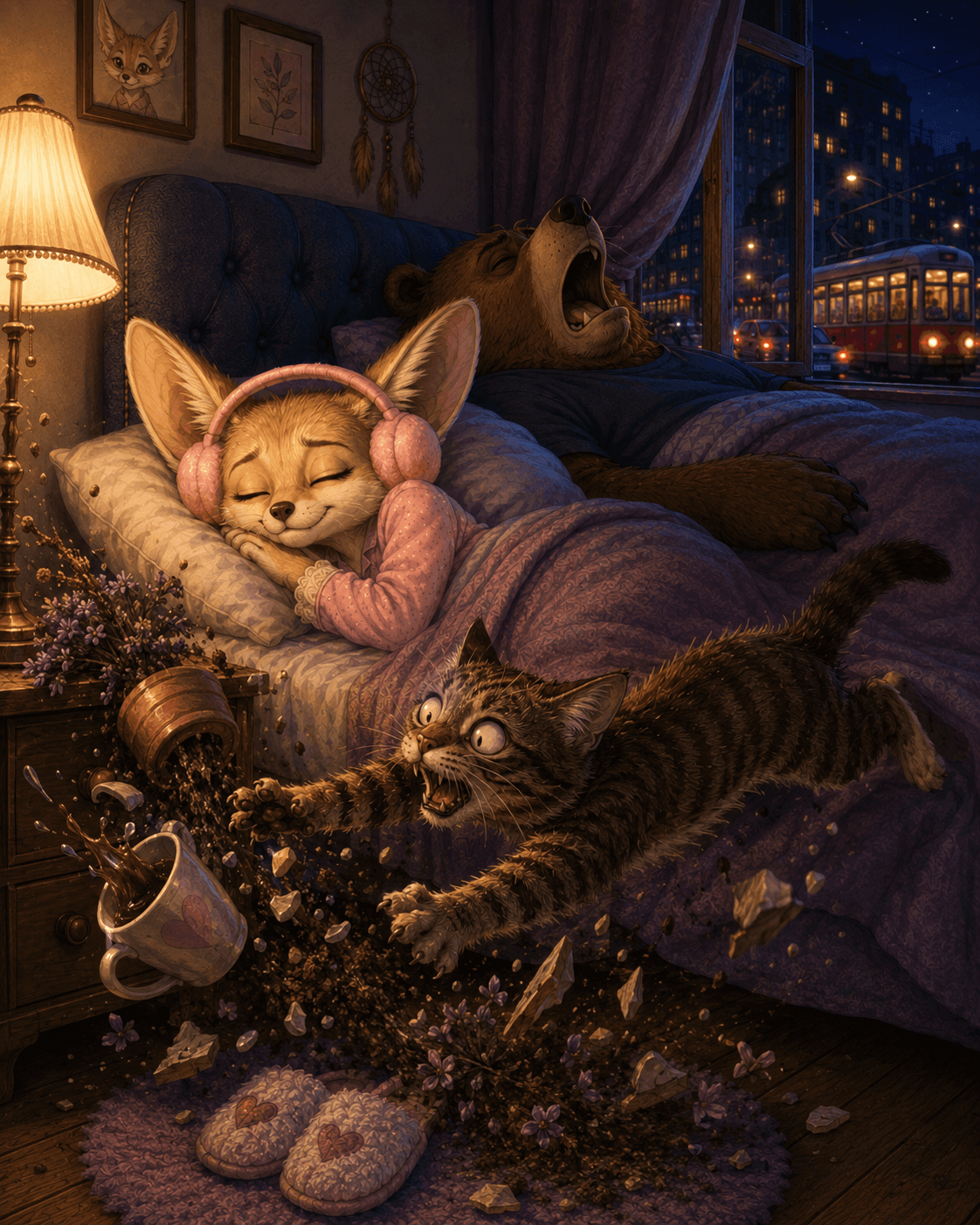Wearing pink protective headphones, the fennec fox sleeps peacefully in bed while the bear snores, the city glows outside the window, and a frantic cat sends a mug, dirt, and flowers flying through the room.